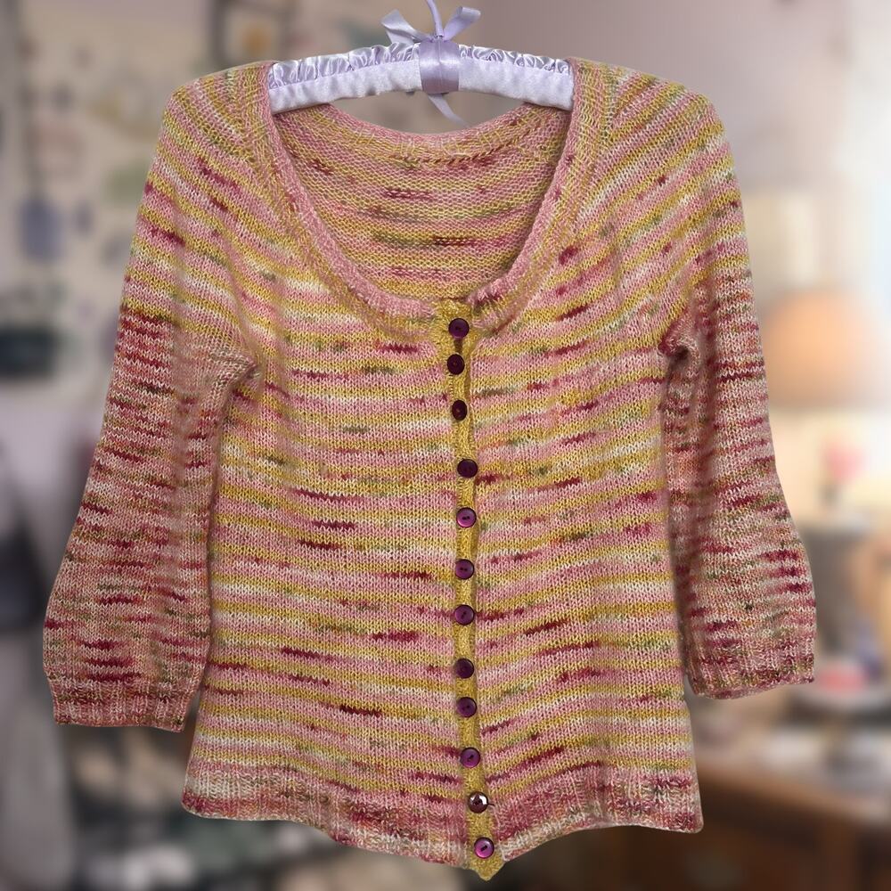 Handmade Knit Merino Wool Yellow Pink Button Up Cardigan Sweater Spring